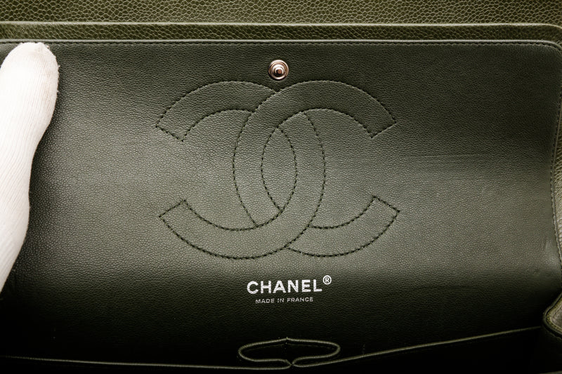 Chanel Dark Green Quilted Caviar Leather Jumbo Classic Double Flap Silver Hardware