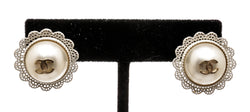 Chanel CC Pearl Lace Gold Plated Stud Earrings