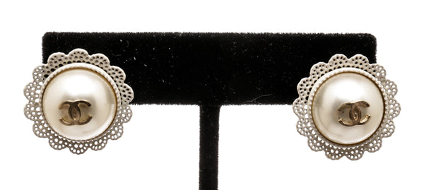 Chanel CC Pearl Lace Gold Plated Stud Earrings