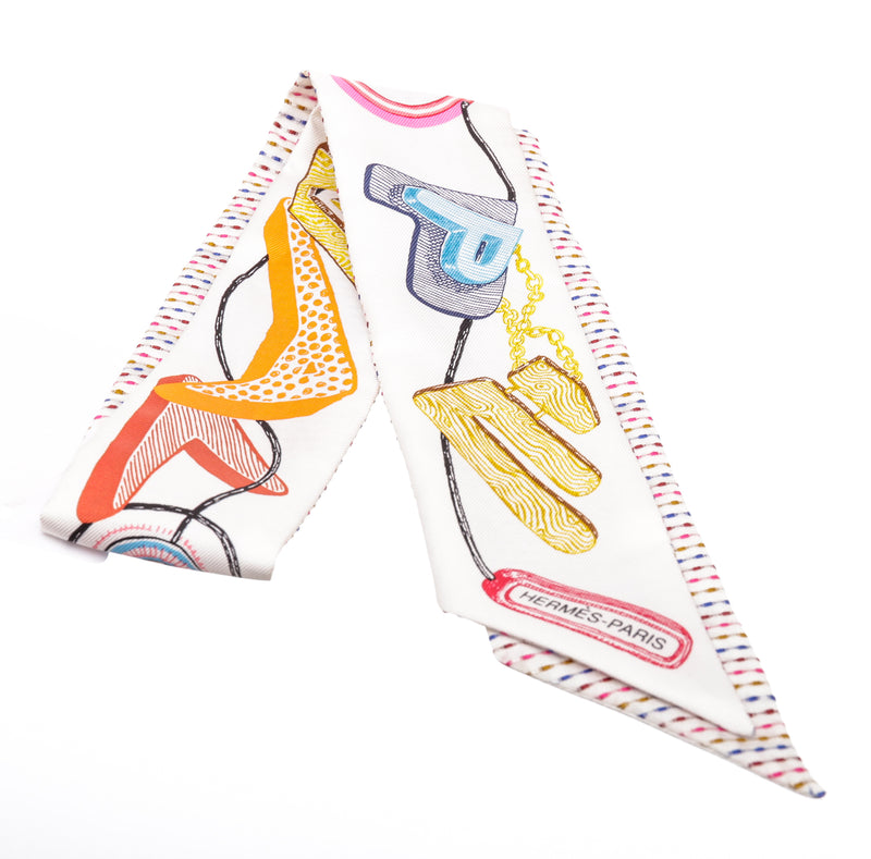 Hermes Twilly Chevaloscope Pointille in White, Green and Pink Silk