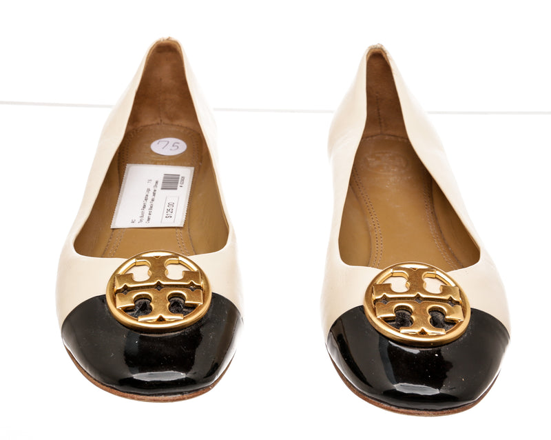 Tory Burch Cream and Black Patent and Leather Flats Size 7.5