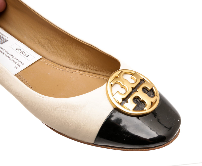 Tory Burch Cream and Black Patent and Leather Flats Size 7.5