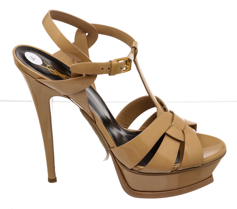 Saint Laurent Beige Patent Platform Tribute Sandals Size 40