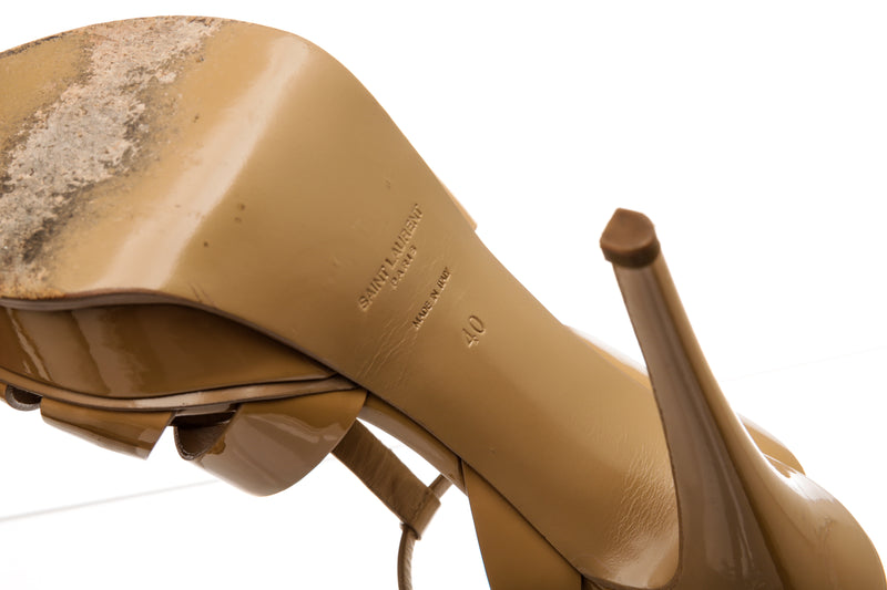 Saint Laurent Beige Patent Platform Tribute Sandals Size 40