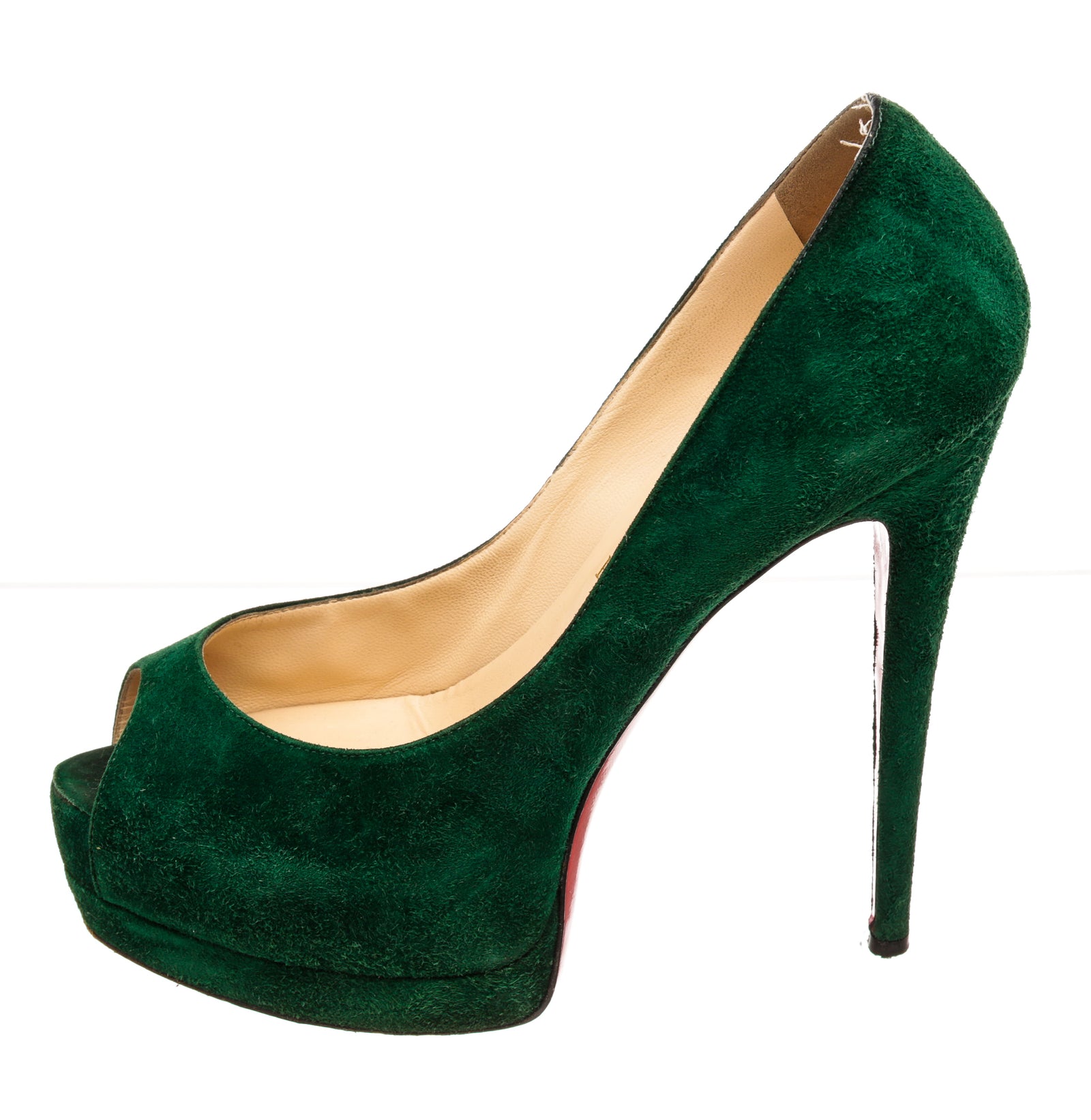 Christian Louboutin Green Suede Open Toe Platforms Size 38.5 On Que Style