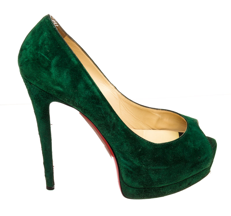 Christian Louboutin Green Suede Open Toe Platforms Size 38.5