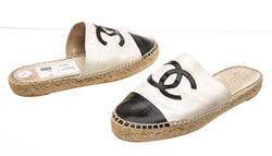 Chanel White and Black Leather 18C Espadrilles Mules Size 36