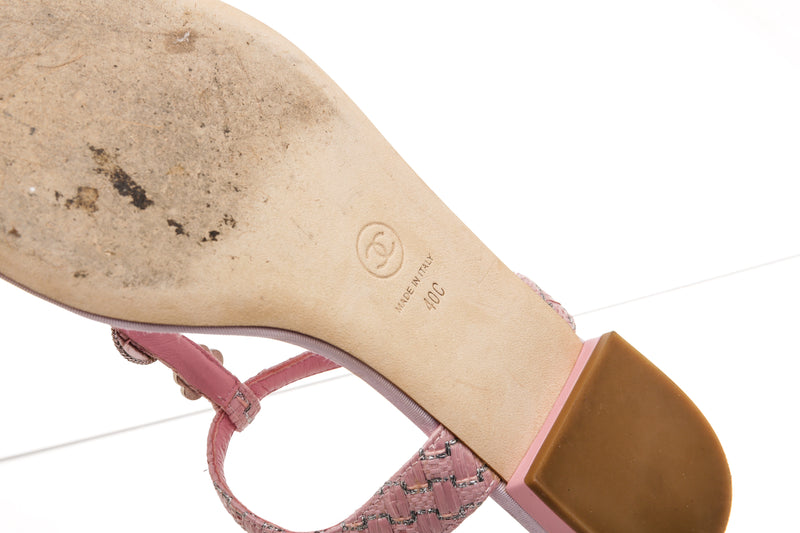 Chanel Pink Tweed Thong Flat Sandals Size 40C