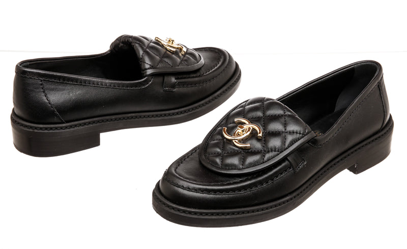 Chanel Black Leather Quilted Loafers 2022 Size 36.5
