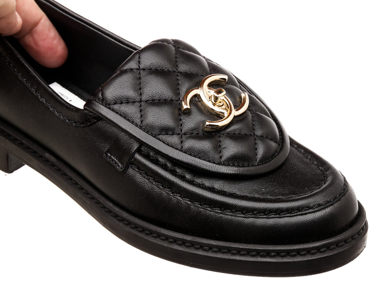 Chanel Black Leather Quilted Loafers 2022 Size 36.5