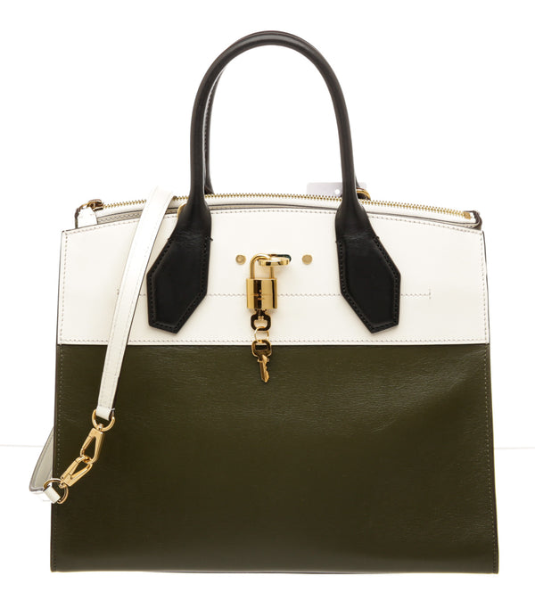 Louis Vuitton White & Green Leather City Steamer MM Bag