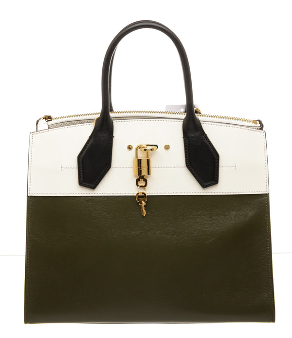 Louis Vuitton White & Green Leather City Steamer MM Bag
