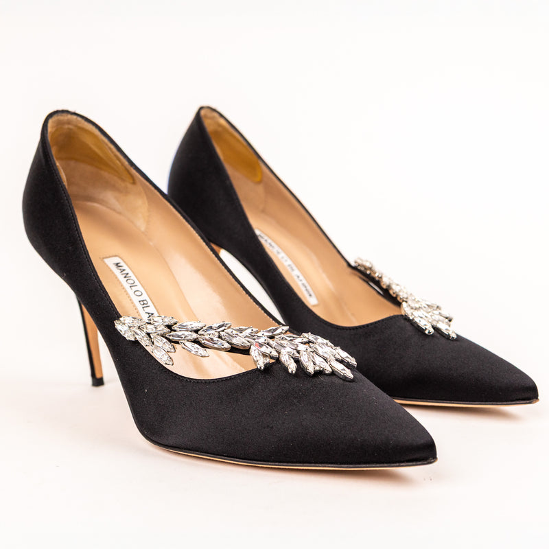 Manolo Blahnik Black Satin Nadira Pumps Size 38.5