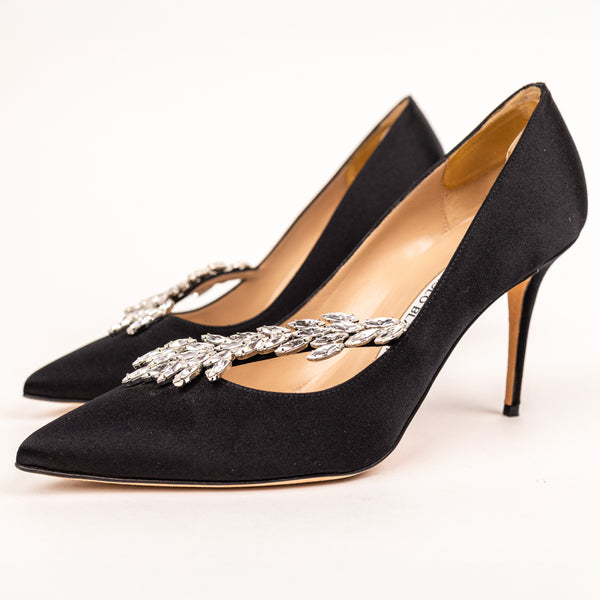 Manolo Blahnik Black Satin Nadira Pumps Size 38.5