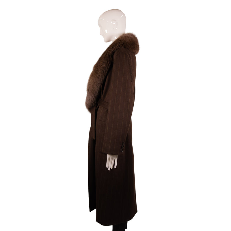S Max Mara Brown Wool Zip-Up Fur Collar Coat Size 8