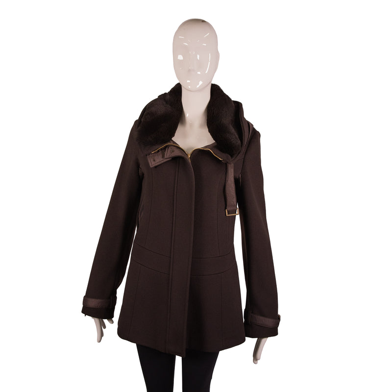 S Max Mara Brown Wool Zip-Up Fur Collar Coat Size 8