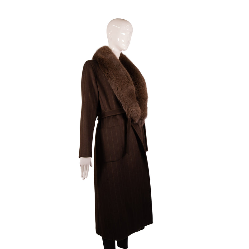 S Max Mara Brown Wool Zip-Up Fur Collar Coat Size 8