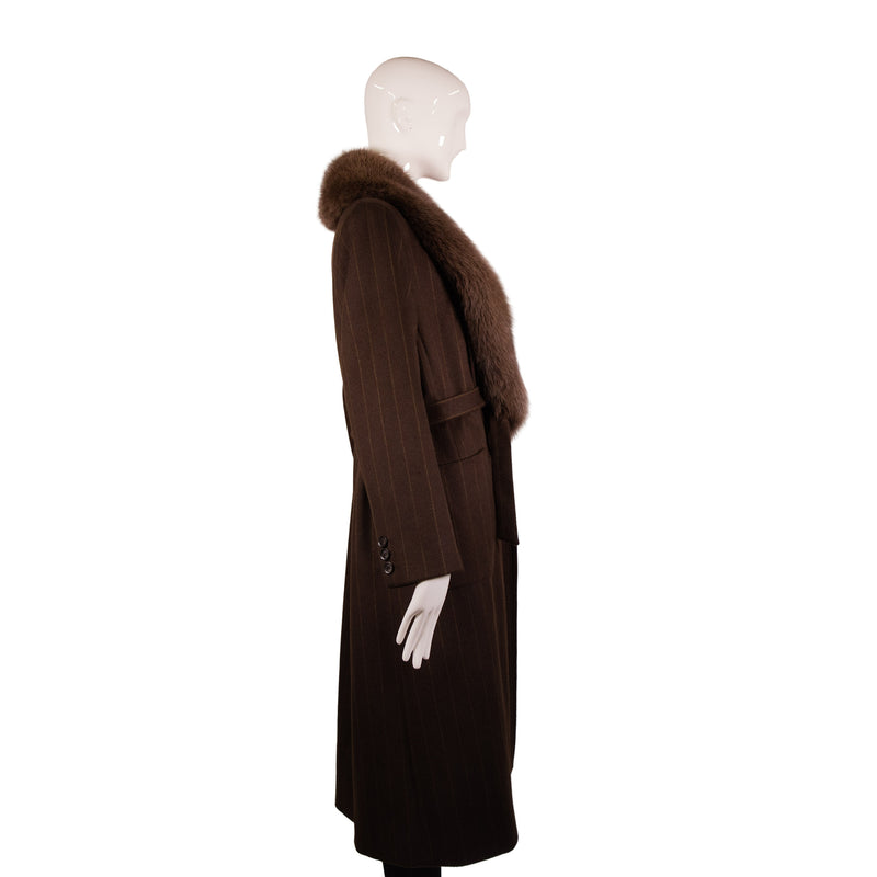 S Max Mara Brown Wool Zip-Up Fur Collar Coat Size 8