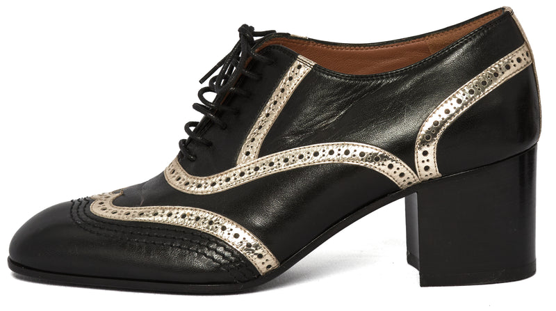 Laurence Dacade Victoria Black Leather & Platinum Lace Up Wingtip Oxford Heels Size 38.5