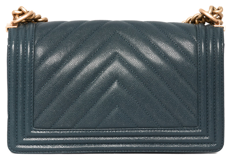 Chanel Blue Caviar Leather Chevron Quilted Boy Bag GHW