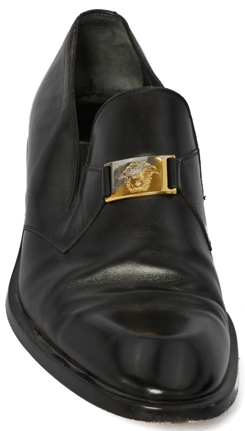 Men's Black Leather Versace Medusa Loafers Size 6.5 Gold Hardware