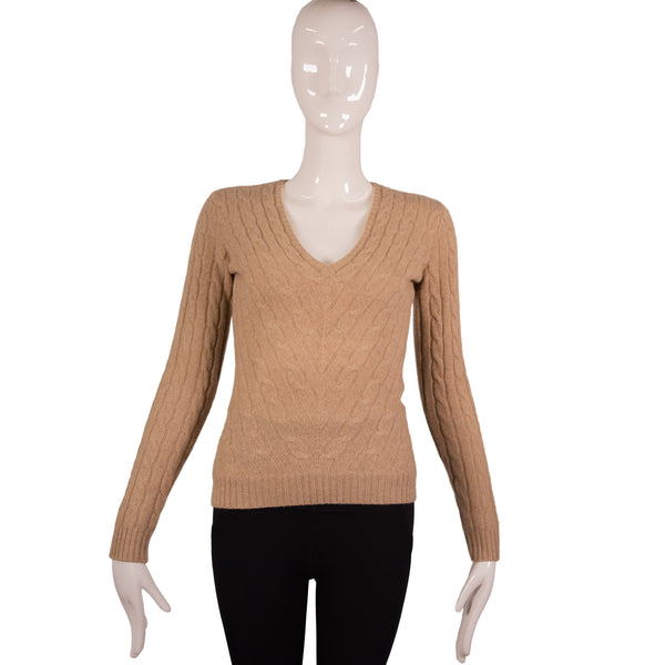Ralph Lauren Brown Cashmere V-Neck Cable Knit Sweater Size S