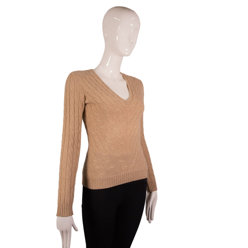 Ralph Lauren Brown Cashmere V-Neck Cable Knit Sweater Size S