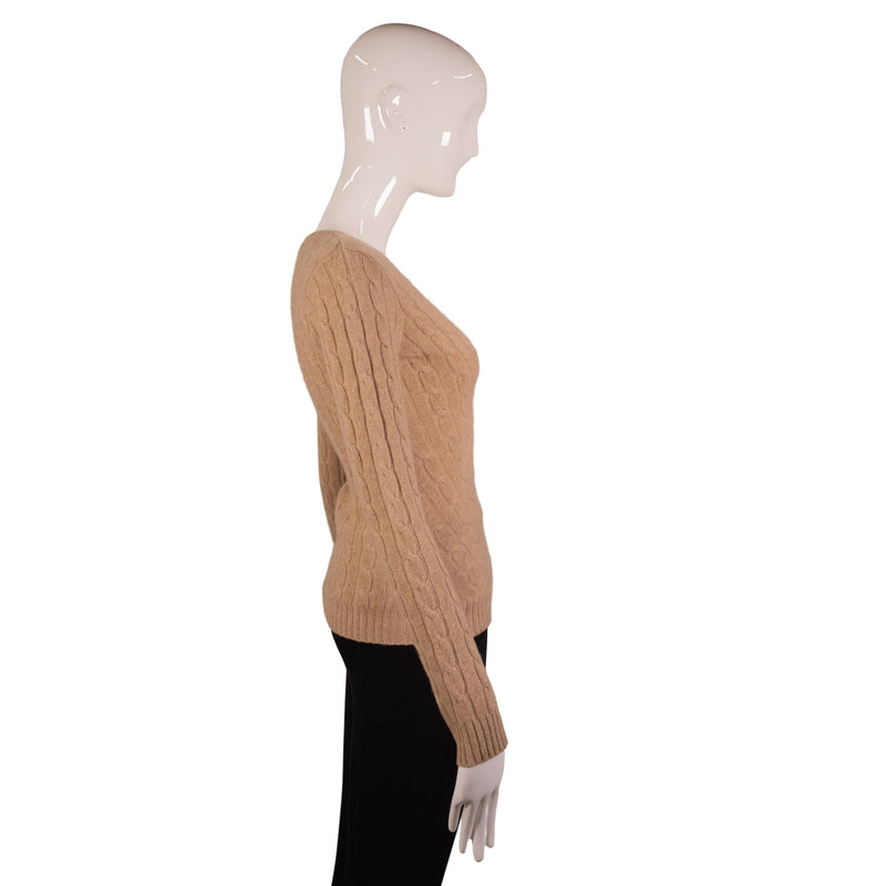 Ralph Lauren Brown Cashmere V-Neck Cable Knit Sweater Size S