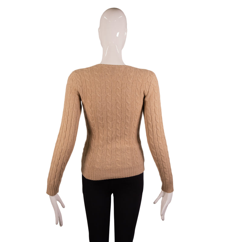 Ralph Lauren Brown Cashmere V-Neck Cable Knit Sweater Size S
