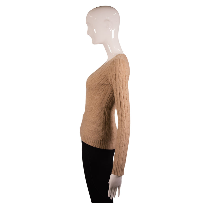 Ralph Lauren Brown Cashmere V-Neck Cable Knit Sweater Size S
