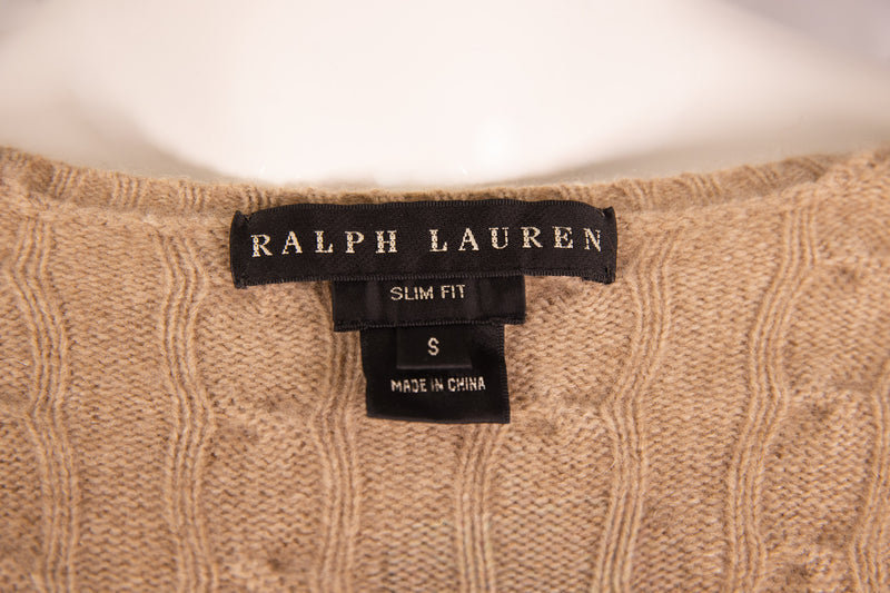 Ralph Lauren Brown Cashmere V-Neck Cable Knit Sweater Size S