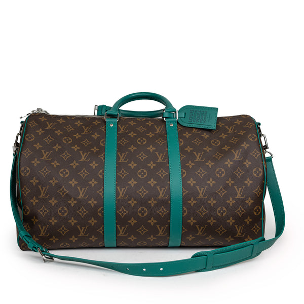 Louis Vuitton Brown Monogram Green Leather Keepall Bandoulière 50 Duffle Travel Bag