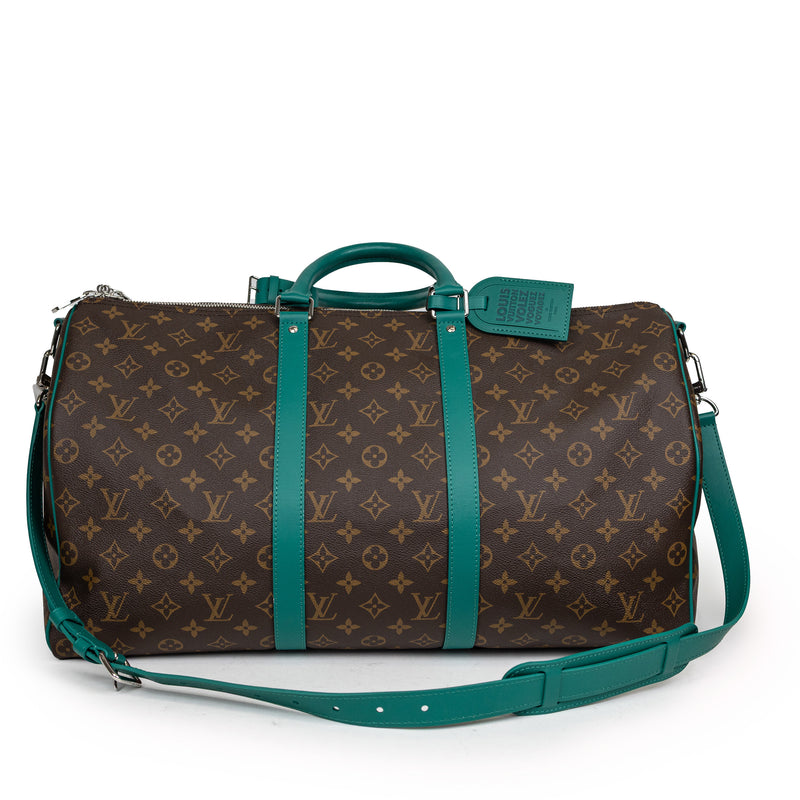 Louis Vuitton Brown Monogram Green Leather Keepall Bandoulière 50 Duffle Travel Bag