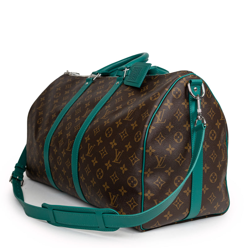 Louis Vuitton Brown Monogram Green Leather Keepall Bandoulière 50 Duffle Travel Bag