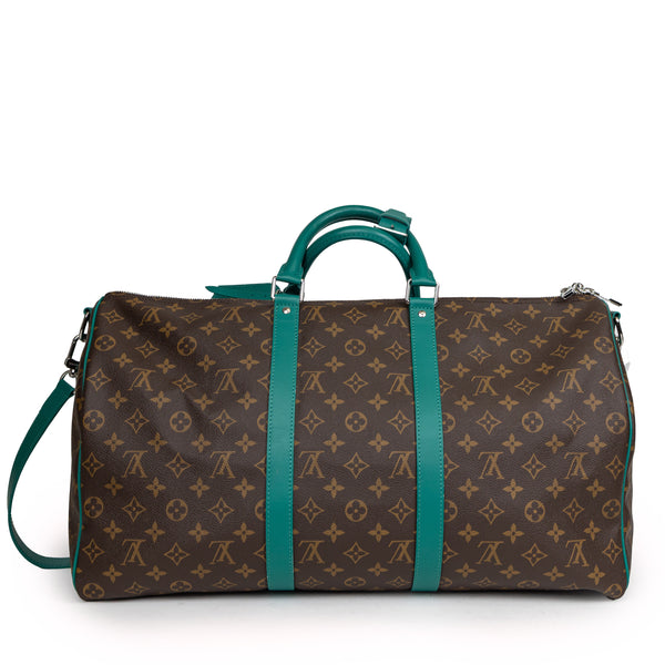 Louis Vuitton Brown Monogram Green Leather Keepall Bandoulière 50 Duffle Travel Bag