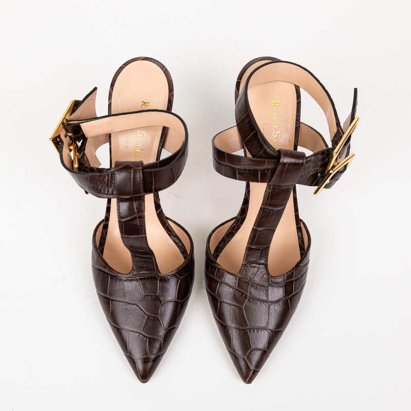 Rupert Sanderson Brown Croc-Embossed T-Strap Heels Size 40