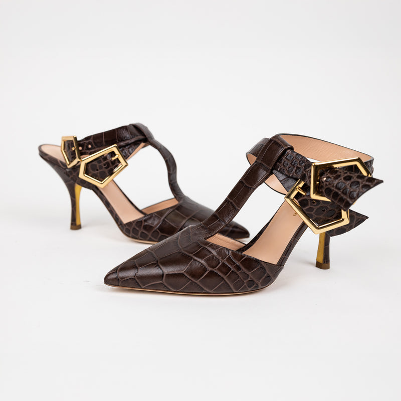 Rupert Sanderson Brown Croc-Embossed T-Strap Heels Size 40