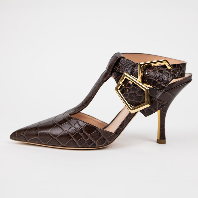 Rupert Sanderson Brown Croc-Embossed T-Strap Heels Size 40