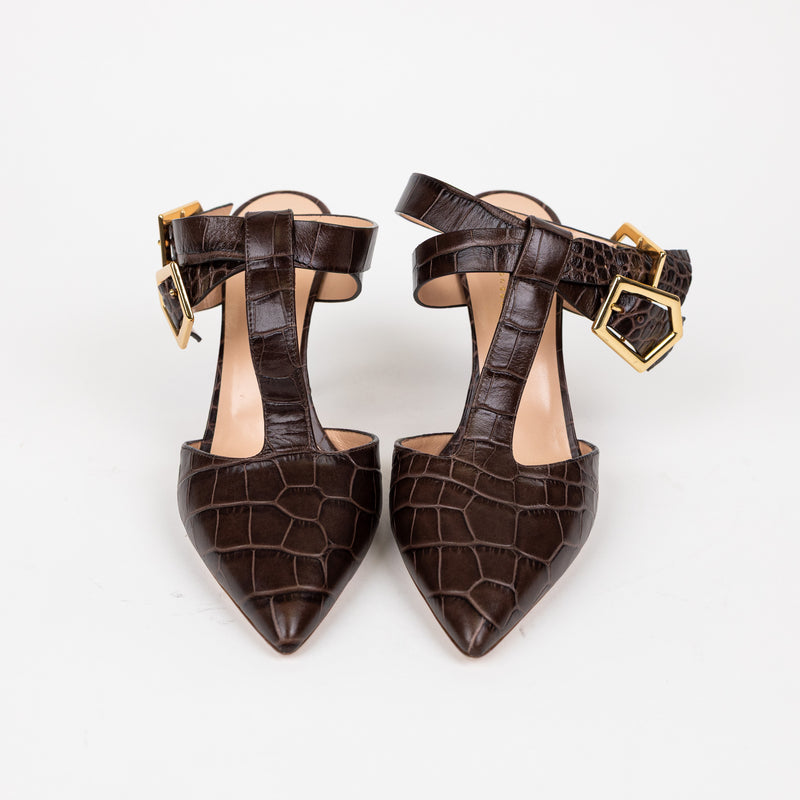 Rupert Sanderson Brown Croc-Embossed T-Strap Heels Size 40