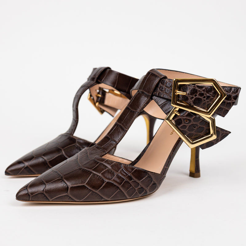 Rupert Sanderson Brown Croc-Embossed T-Strap Heels Size 40