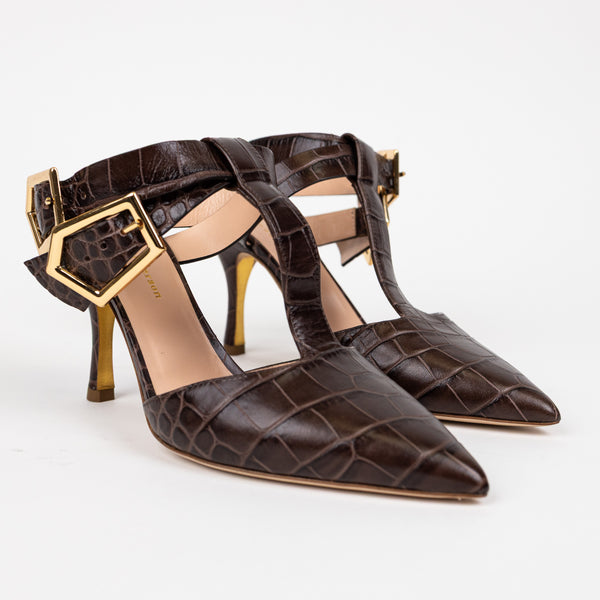 Rupert Sanderson Brown Croc-Embossed T-Strap Heels Size 40