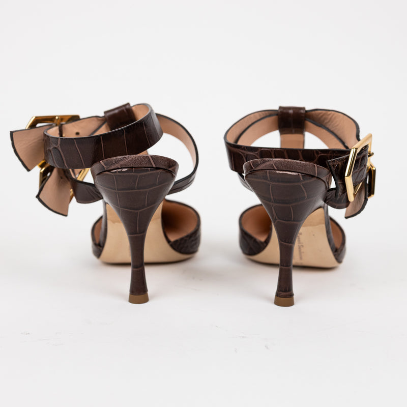 Rupert Sanderson Brown Croc-Embossed T-Strap Heels Size 40