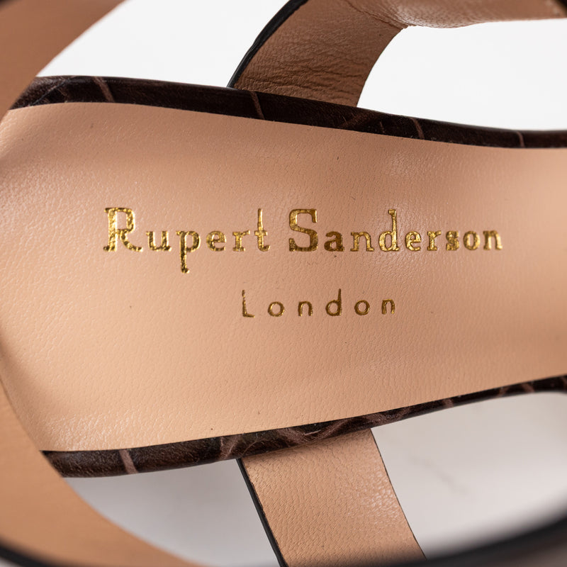 Rupert Sanderson Brown Croc-Embossed T-Strap Heels Size 40