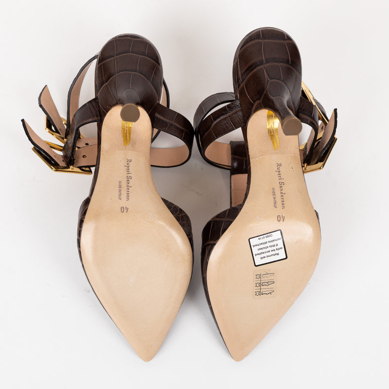 Rupert Sanderson Brown Croc-Embossed T-Strap Heels Size 40