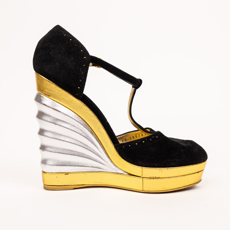 Saint Laurent Black Suede Metallic Gold Silver Wedges Size 36