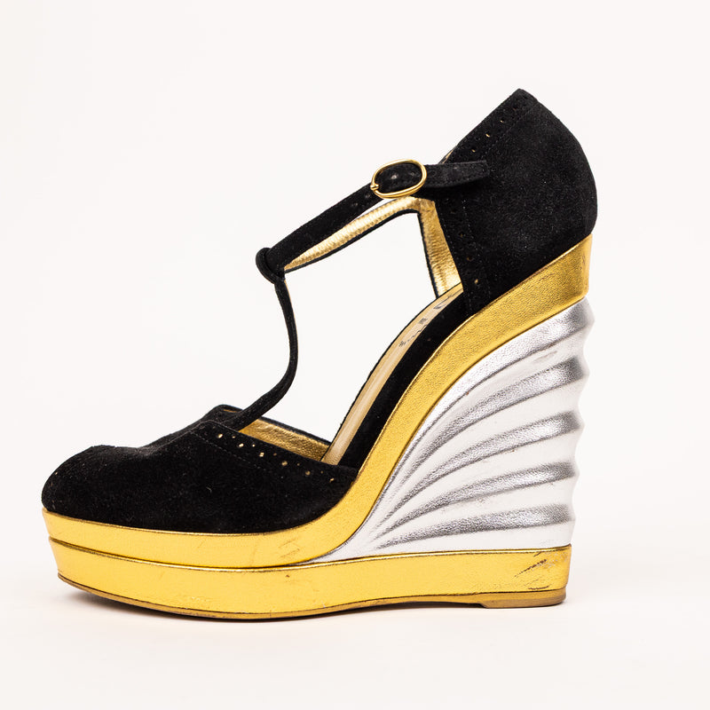 Saint Laurent Black Suede Metallic Gold Silver Wedges Size 36