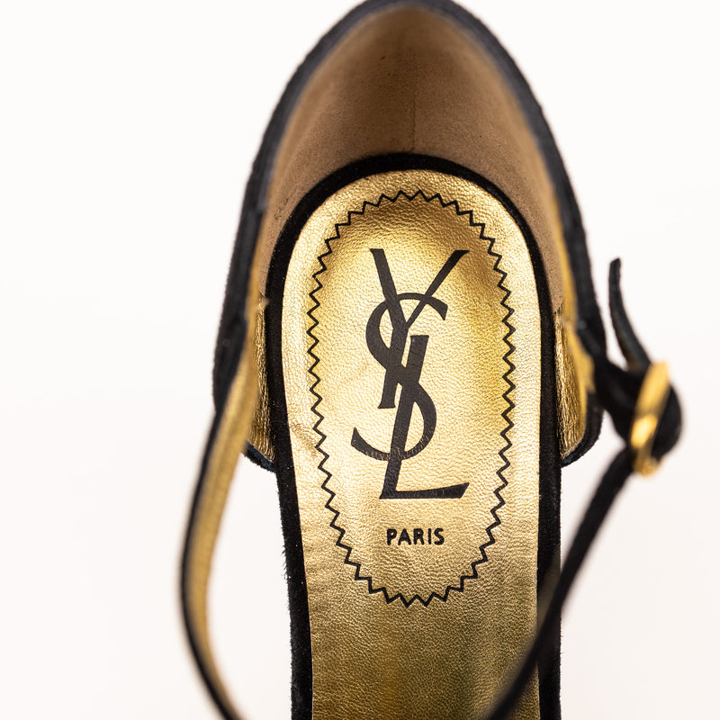 Saint Laurent Black Suede Metallic Gold Silver Wedges Size 36