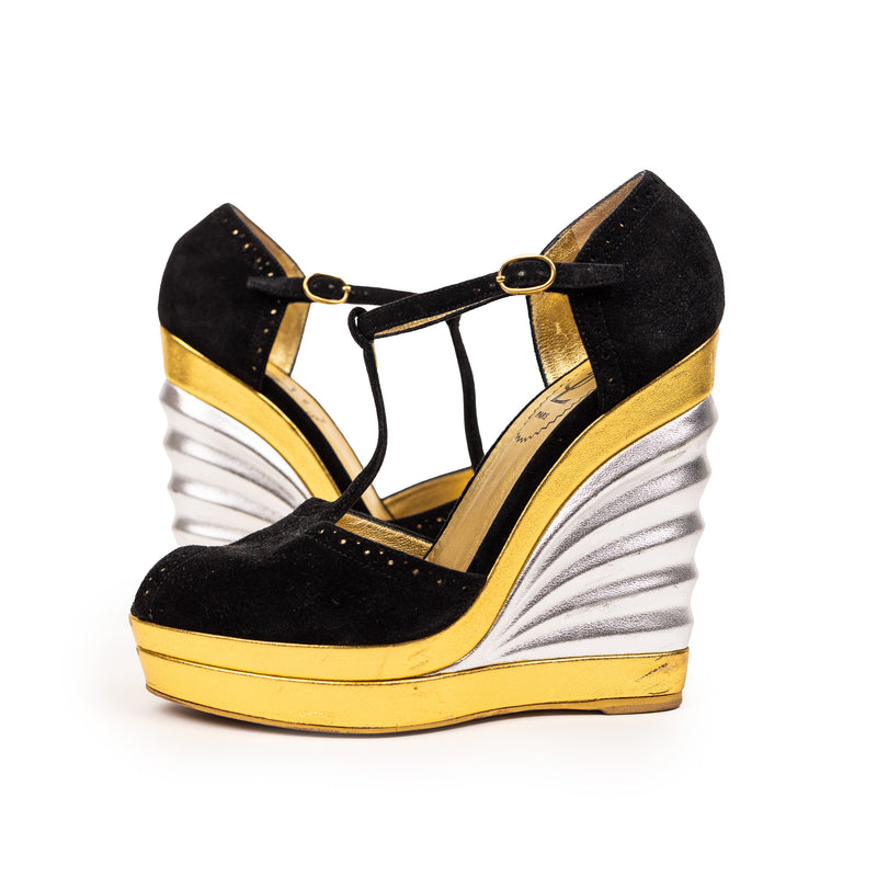 Saint Laurent Black Suede Metallic Gold Silver Wedges Size 36