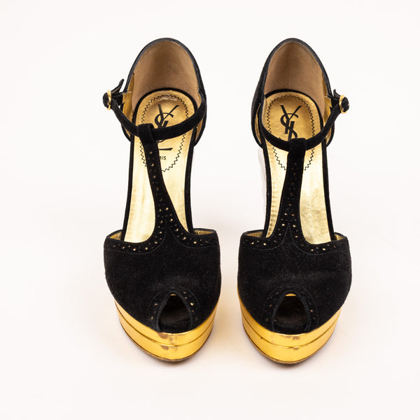 Saint Laurent Black Suede Metallic Gold Silver Wedges Size 36