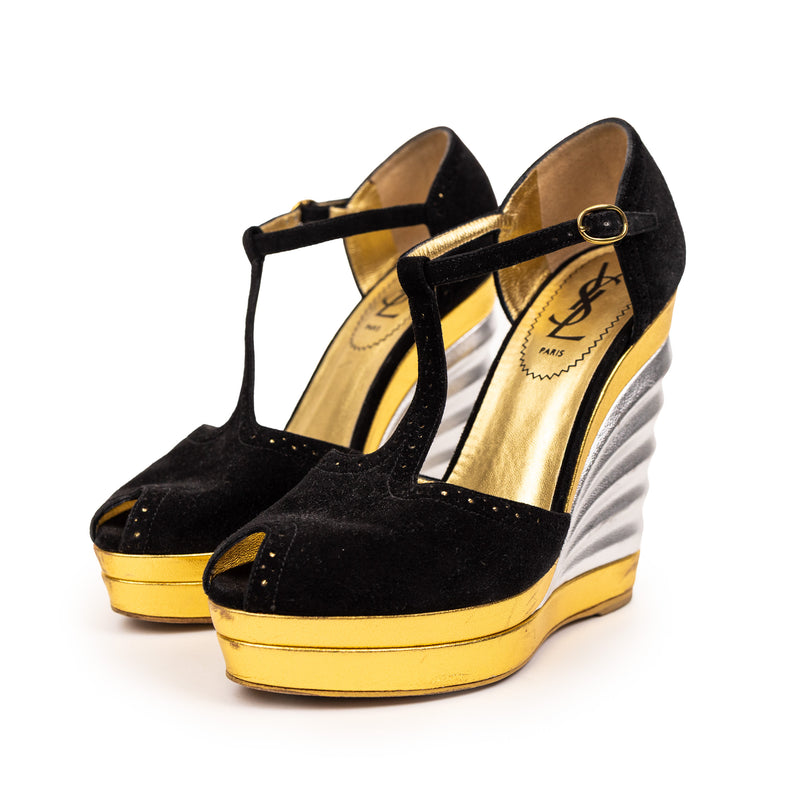 Saint Laurent Black Suede Metallic Gold Silver Wedges Size 36